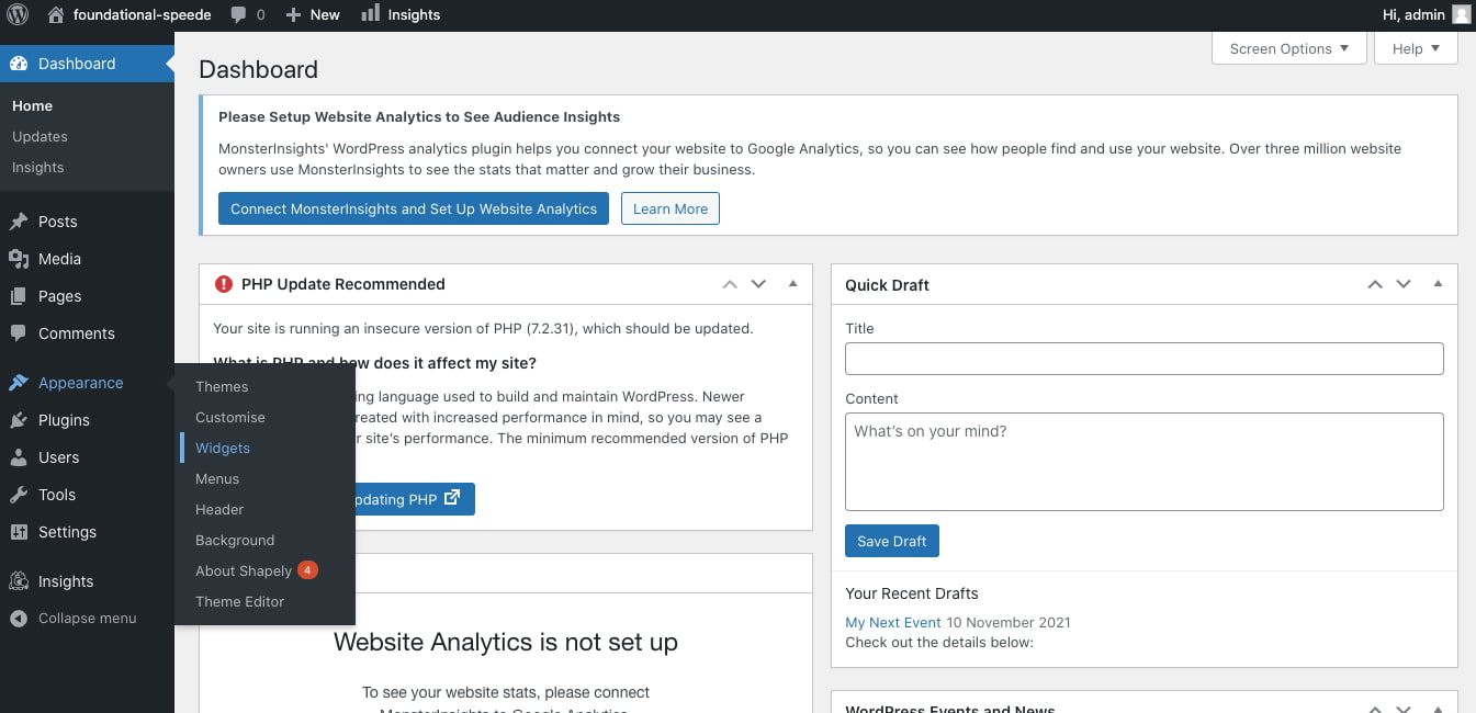 Click Appearance > Widgets to begin process of editing WordPress footer widgets