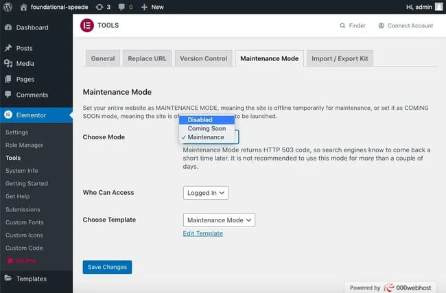 How to Take Your Site out of Maintenance Mode With Elementor: set maintenance mode to disabled