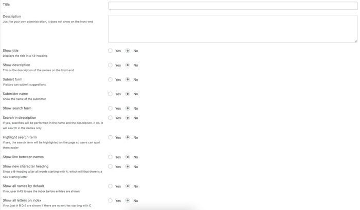 options for title, description, show title, show description, submit form, submitter name, show search form, search in description, highlight search term, show line between names, show new character heading, show all names by default, show all letters on index, and more not in image