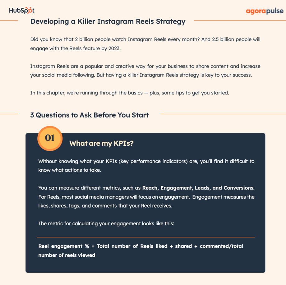 Instagram Reels strategy guide page featuring a numbered callout box explaining KPI identification, with emphasis on engagement metrics and a mathematical formula for calculating Reel engagement percentage based on likes, shares, comments and total views
