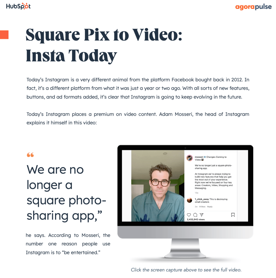 Chapter introduction page titled 'Square Pix to Video: Insta Today' displaying a computer monitor with an Instagram video post and prominent quote from Adam Mosseri stating 'We are no longer a square photo-sharing app' with interactive video link notation