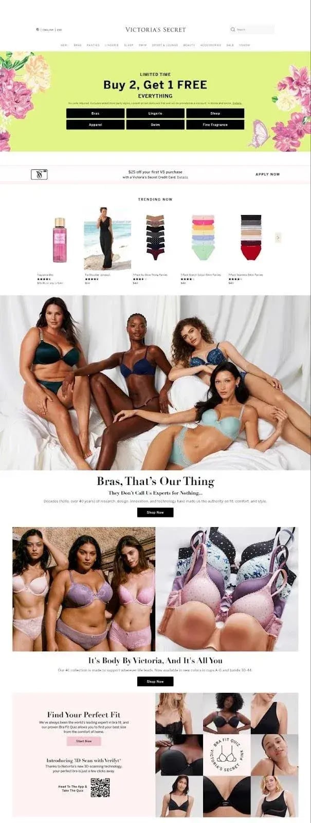 Screen capture of Victorias Secret homepage demonstrating how pink is used as an accent color across the site.
