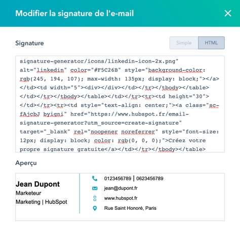 Signature d’e-mail html dans HubSpot