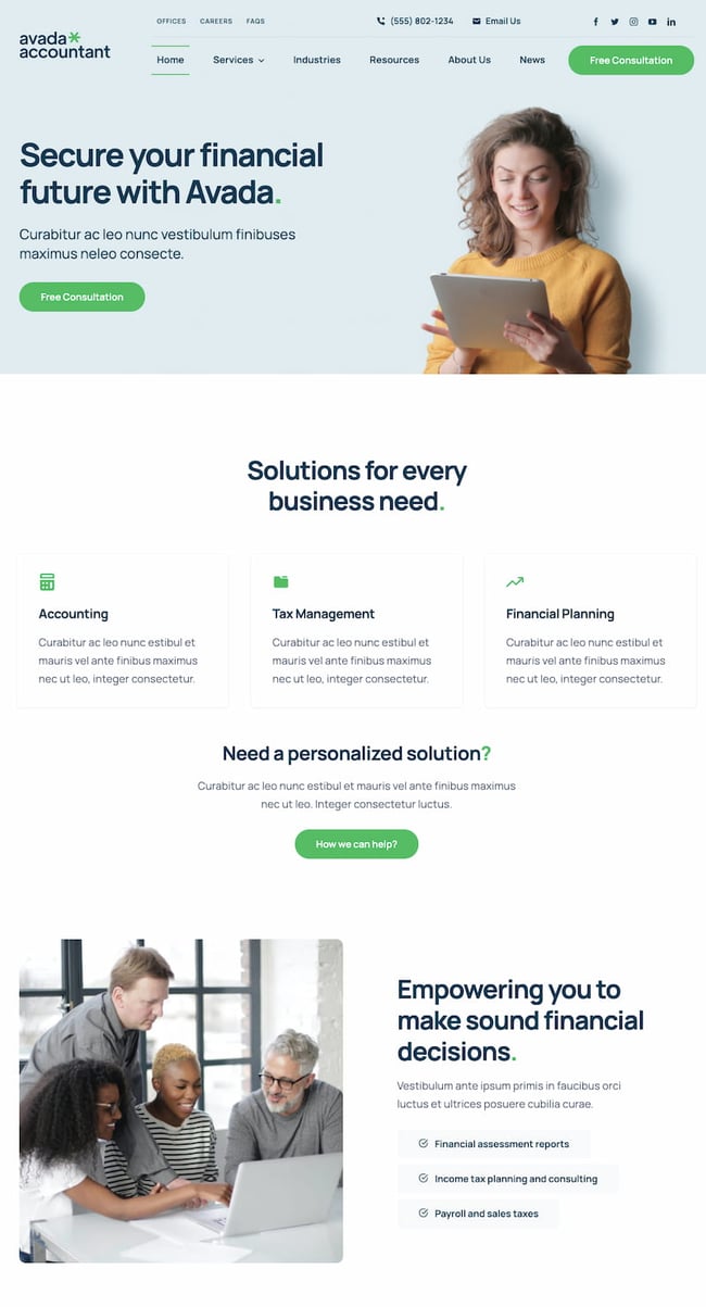 best accountant WordPress themes: Avada Accountant pre-built website
