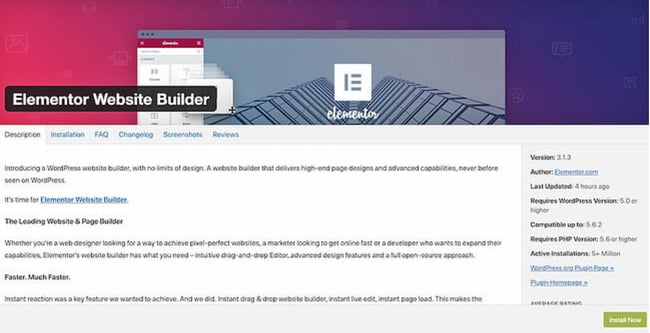 elementor wordpress: How to use Elementor with WordPress  Elementor's plugin page on WordPress' plugin library with the heading "Elementor Website Builder"