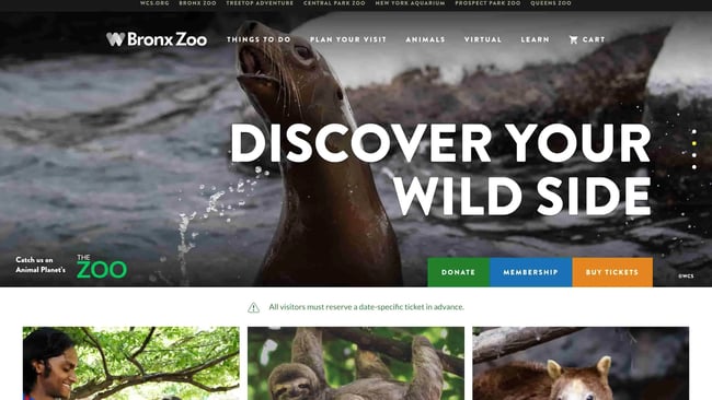 best natural websites: bronx zoo homepage features copy reading "discover your wild side" with a seal in the background 