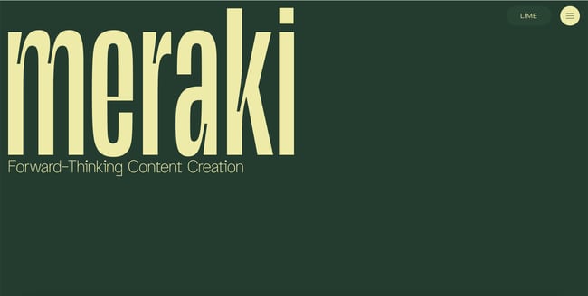 green websites: meraki website with dark green background and light green text reading 'forward thinking content creation'