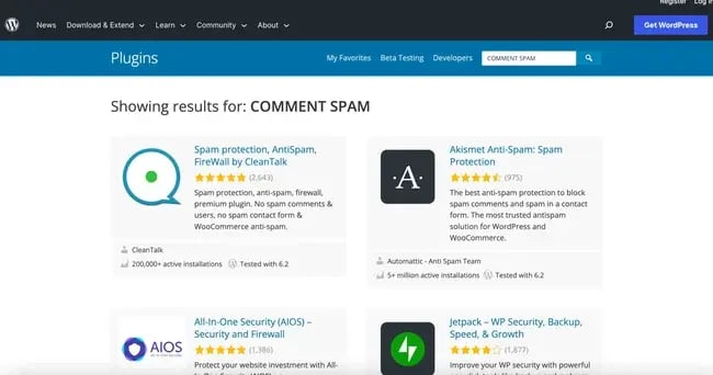 wordpress seo: image shows what you'd have to look for in wordpress plugin directory to find plugin to reduce comment spam 
