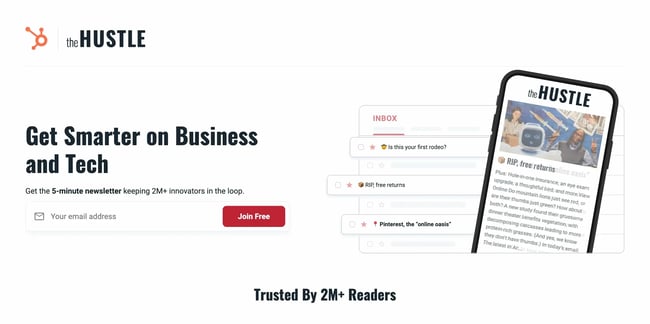 The Hustle's homepage applies Hick's Law and only presents users with three options