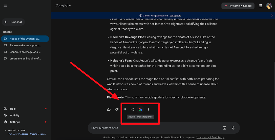 screenshot of googles gemini showing how the platform enables users to double check their results