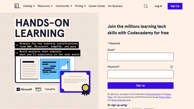 Codecademy landing page