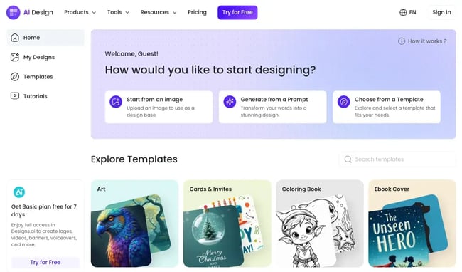 designs.ai how would you like to start designing