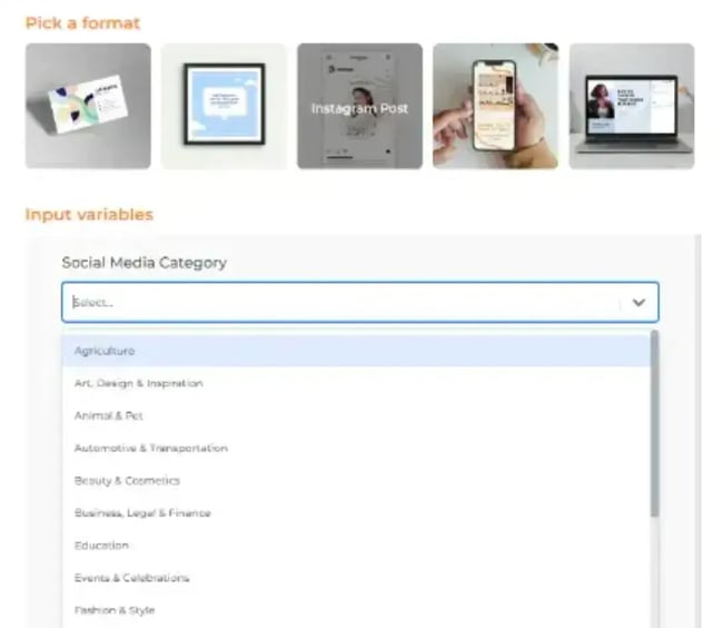 Choosing a predetermined category for Designs.ai social media image creator 