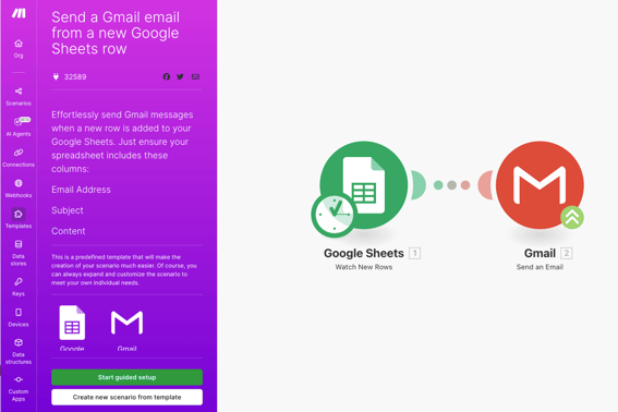 Send a Gmail email from a new Google Sheets row on Make