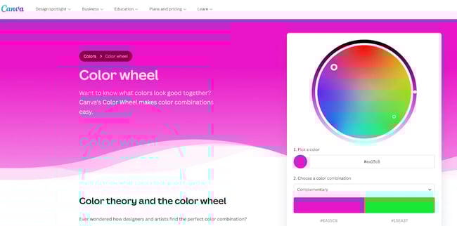 Screenshot of Canva’s color wheel tool showing a hot pink and a green complementary color taken from the opposite side of the wheel.