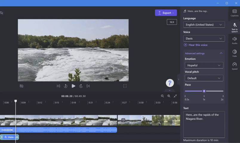 Screenshot of ClipChamps AI text-to-speech