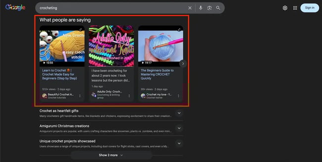 Screenshot of Google SERPs showing social media posts alongside high-value pages