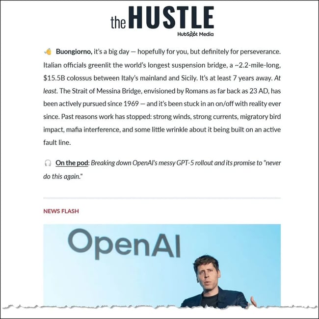 Screenshot of the top of a recent The Hustle newsletter