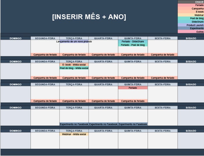 Modelo de calendário de conteúdo de midia social 
