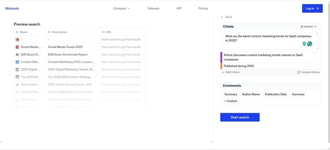 Search output criteria by Exa Websets AI search engine, AI-generated search criteria by Exa Websets