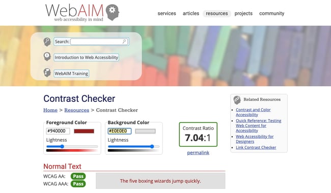 Selecting high contrasting text and background color using the Contrast Checker tool