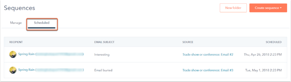 Sequences section of HubSpot account with the Scheduled tab boxed