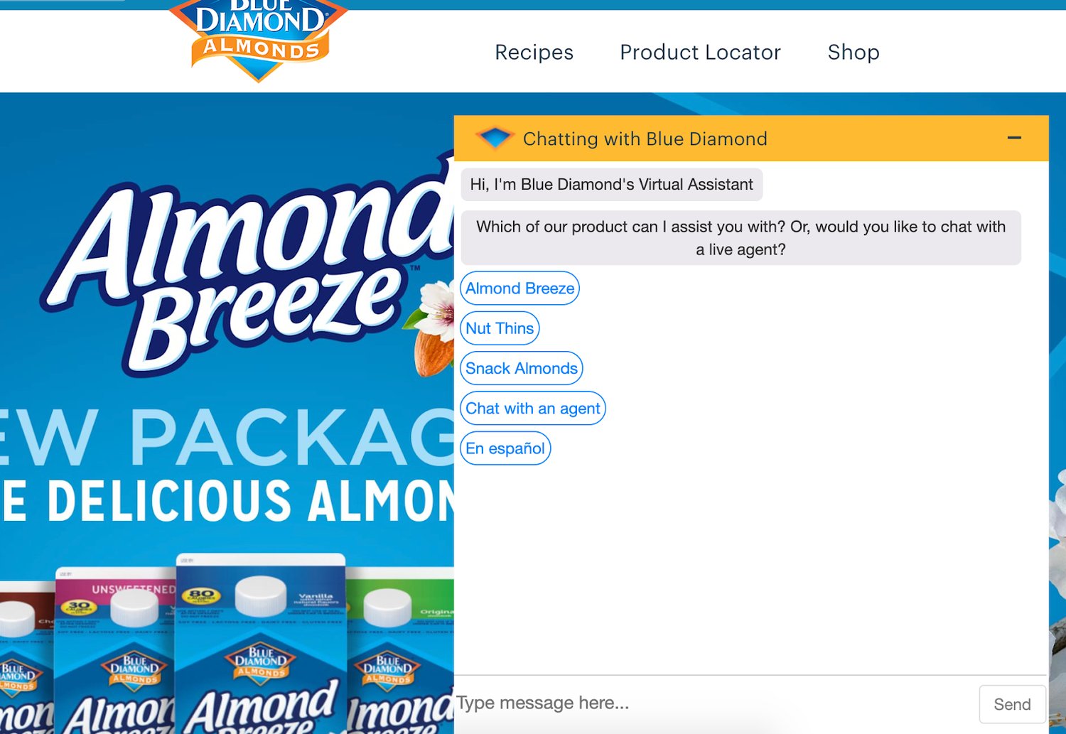 example of almond breeze chatbots for web based self service