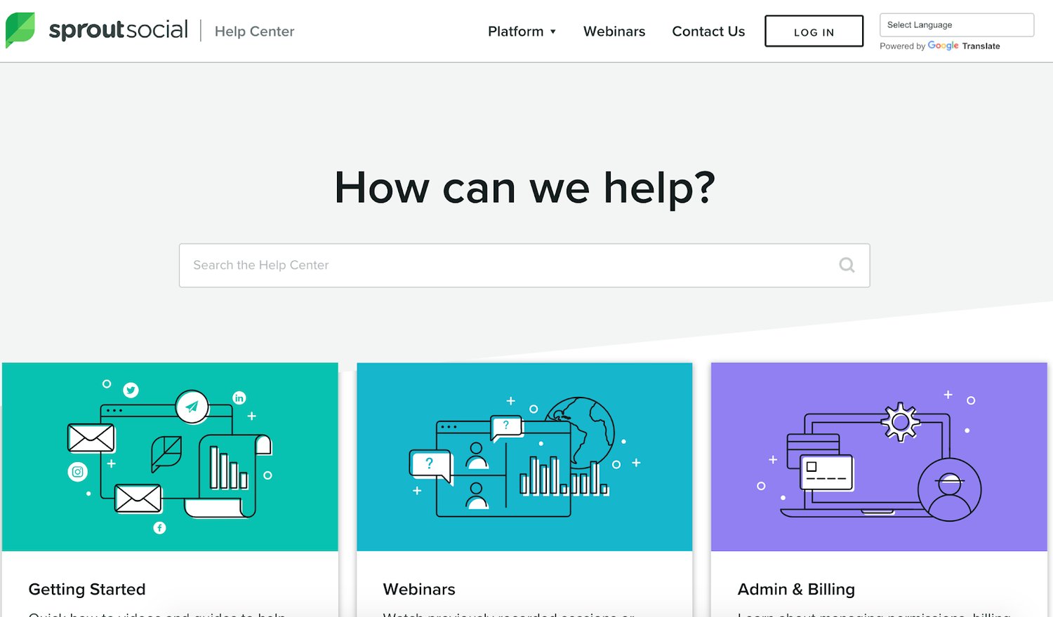 example of web self service help center on sprout social website