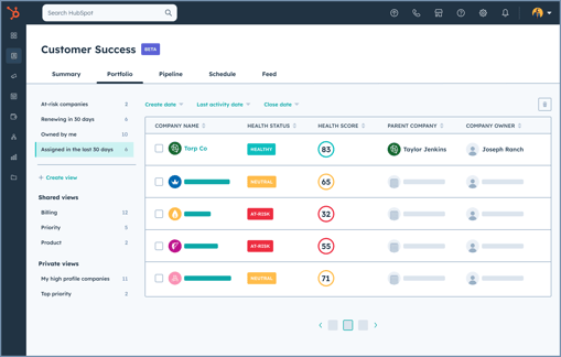 HubSpot UI showing the customer success workspace toggled to the 