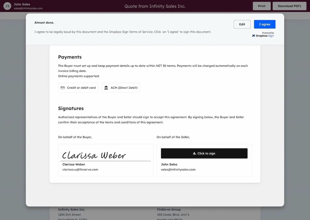 HubSpot Angebotssoftware: Signaturansicht mit E-Signatur, Zahlungsdetails und Dropbox Sign-Integration