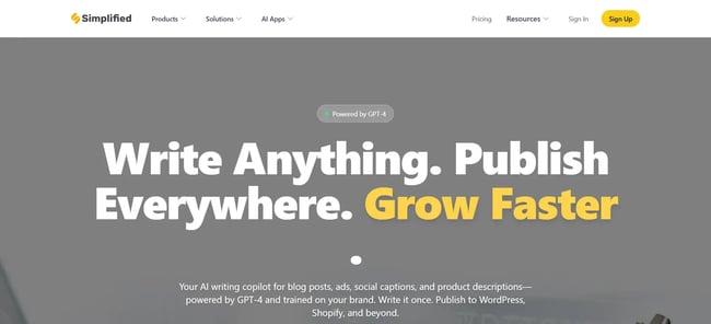 Simplified landing page, AI content writing tools