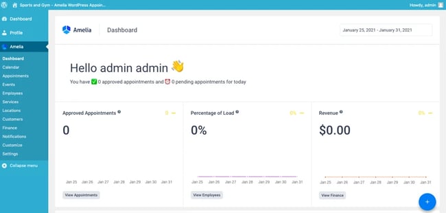 wordpress booking plugin: Site admin viewing appointments and statistics in dashboard via Amelia