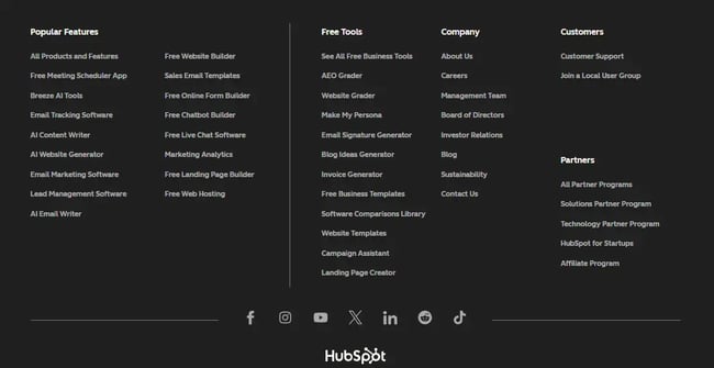 Sitemap structure for SEO, HubSpot website footer navigation linking to product, tool, and company pages
