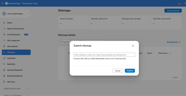 Sitemap structure for SEO, submitting a sitemap in Bing Webmaster Tools via the submit sitemap dialog