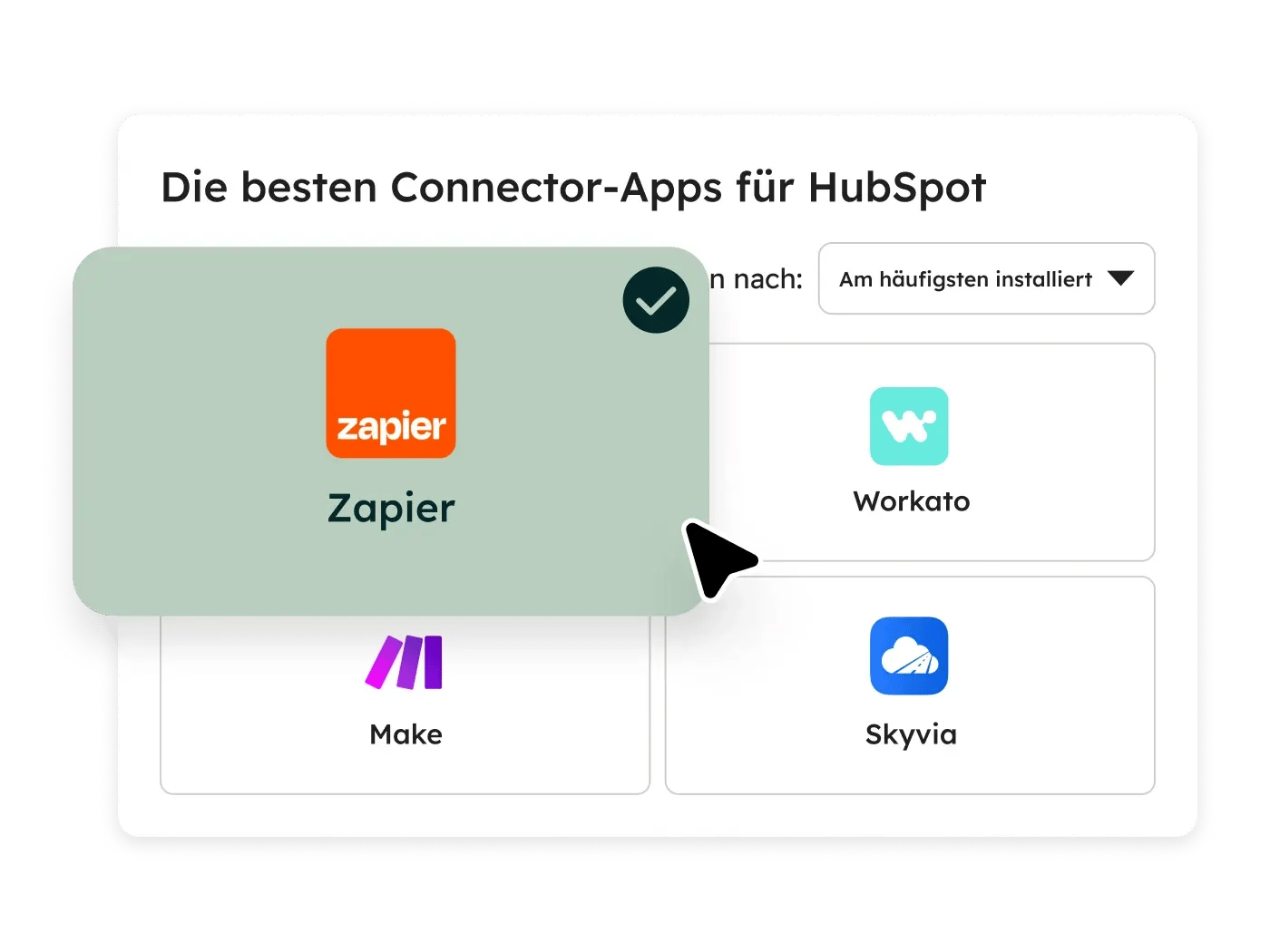 HubSpot App Marketplace mit den meistinstallierten Connector-Apps, darunter Zapier, Workato, Make und Skyvia