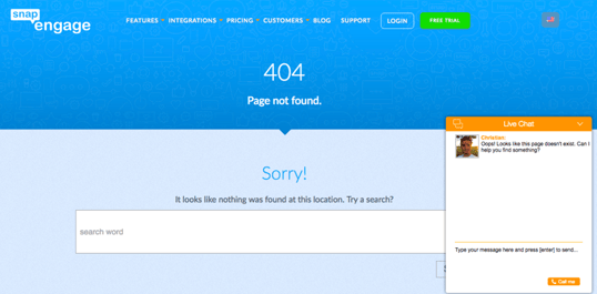 Blue 404 error page on SnapEngage website with proactive live chat window on bottom righthand corner