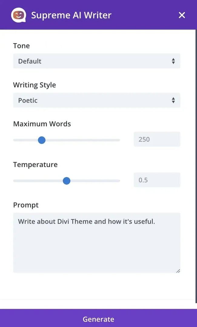 wordpress ai plugin: supreme ai. image shows the interface 