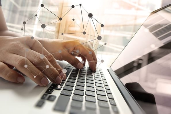 Double exposure of business man hand working on blank screen laptop computer on wooden desk as concept with social media diagram-1