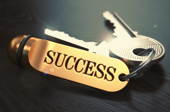 Keys to Success - Concept on Golden Keychain over Black Wooden Background. Closeup View, Selective Focus, 3D Render. Toned Image.-1