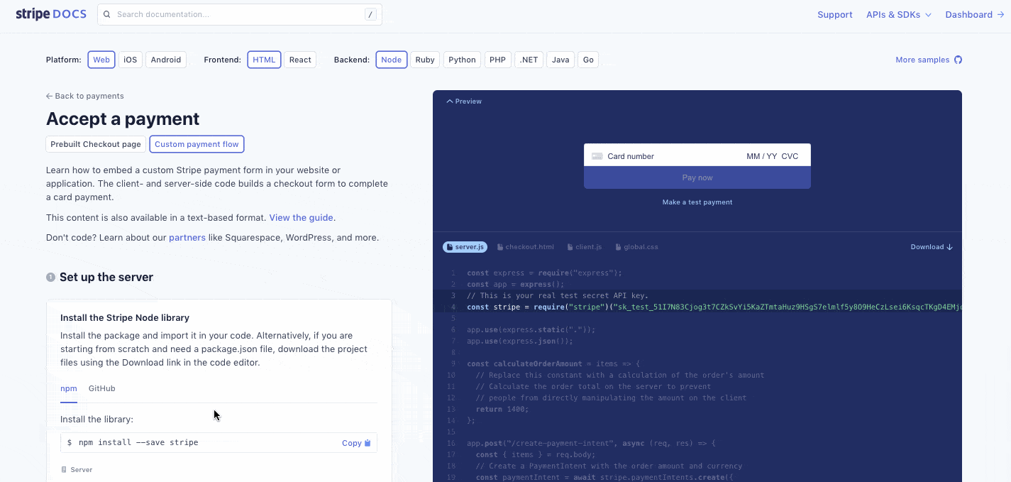 Stripe API documentation includes interactive tutorial for accepting a payment