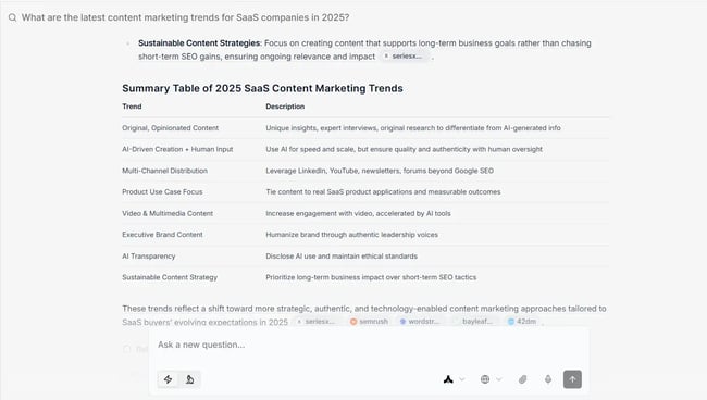 Summary table in search output by the Komo AI search engine, AI-generated summary table in search result by Komo