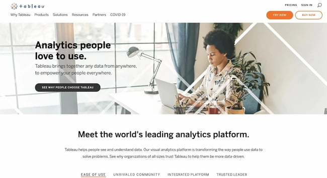 Tableaus homepage showing Business Intelligence options and analytics for small businesses
