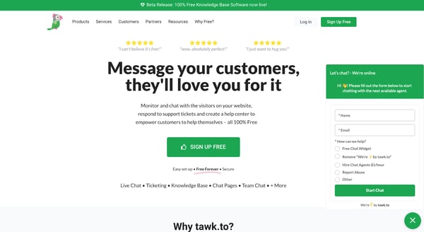 Tawk.to free live chat homepage