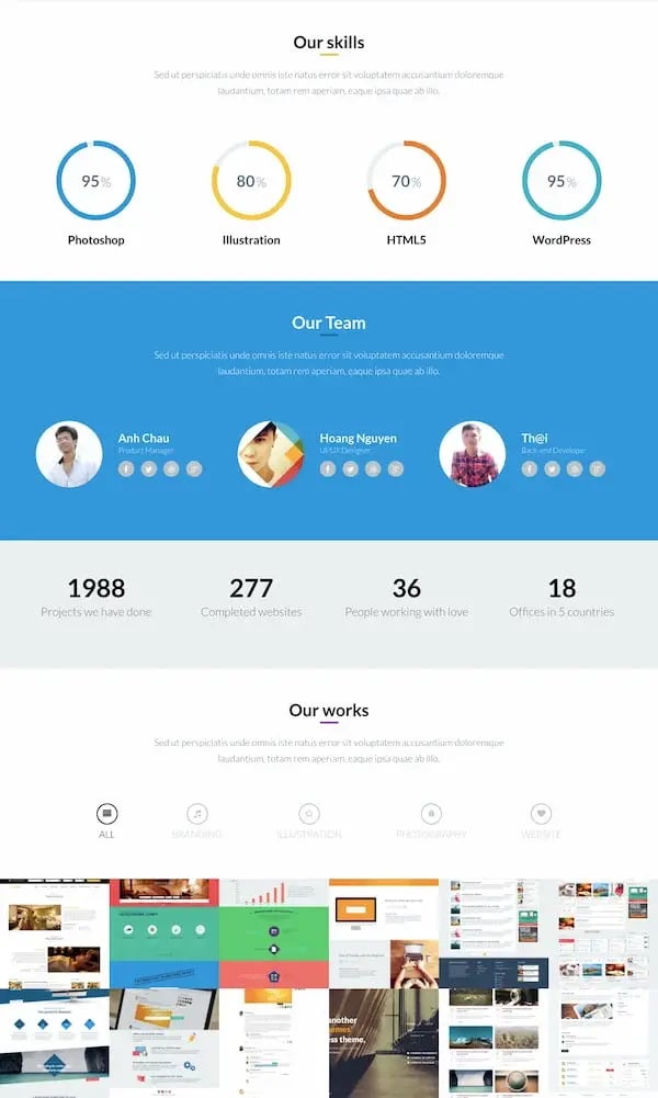 Team and portfoli sections of OneEngine WordPress tech theme demo