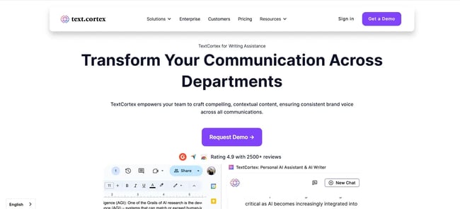 TextCortex Writing assistant landing page, AI authoring tools