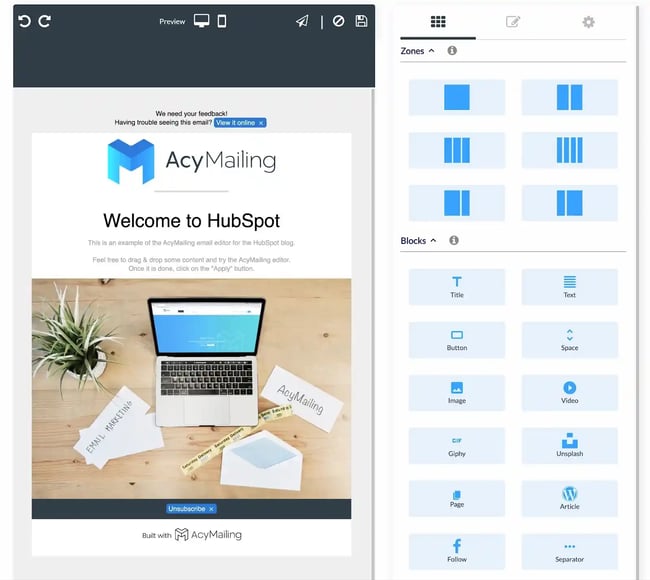 The AcyMailing visual builder interface