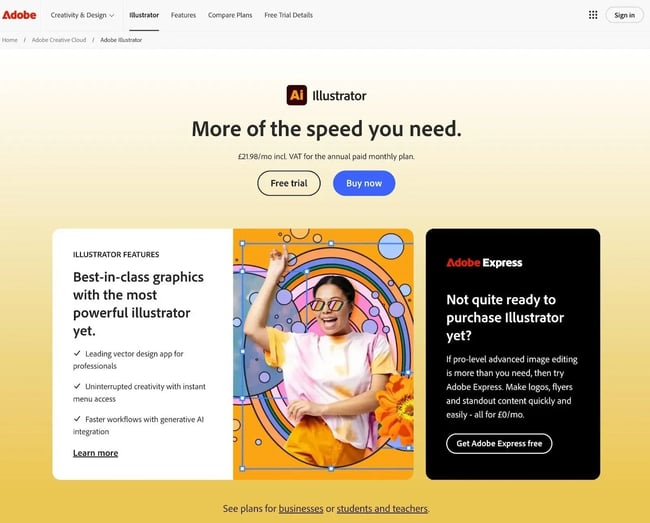 The Adobe Illustrator landing page for UK visitors
