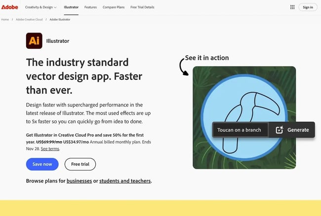 The Adobe Illustrator landing page for USA visitors