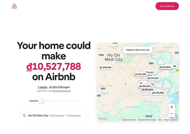 The Airbnb host your home page uses geographic landing page personalization to adjust estimates and currencies