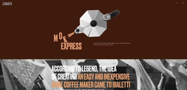 The Bialetti website features retro illustrations, a classic color scheme, and a simple, elegant layout for your inspiration needs
